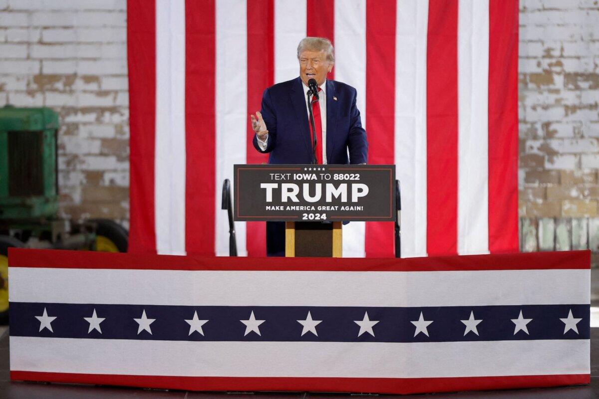 Former U.S. President and 2024 presidential hopeful Donald Trump speaks during a Team Trump Iowa Commit to Caucus event at the National Cattle Congress in Waterloo, Iowa, on Oct. 7, 2023. (Kamil Krzaczynski/AFP via Getty Images)