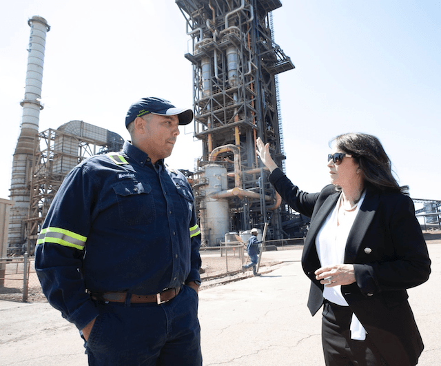Louisiana Solicitor General Liz Murrill speaks with Environmental Manager Marshall Crawford at a Nucor Steel plant in Convent, La., on Oct. 7, 2023 while campaigning for state Attorney General, often in tandem with fellow Republican, current Louisiana Attorney General, and gubernatorial candidate Jeff Landry. (Liz Baker Murrill For Attorney General)