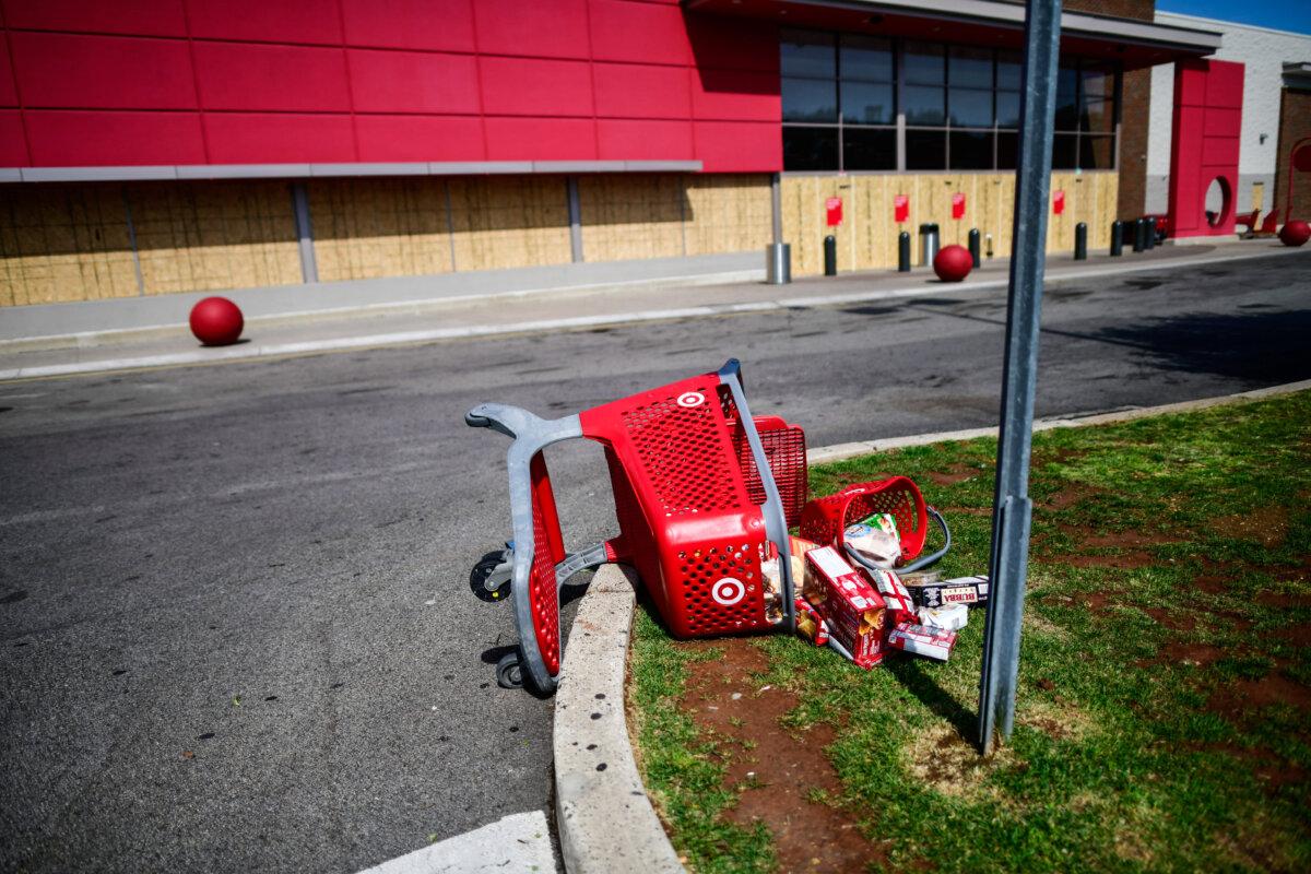 Groceries are scattered outside a shuttered Target store in the aftermath of a looting in response to George Floyd's death, in Philadelphia on June 3, 2020. (Mark Makela/Getty Images)