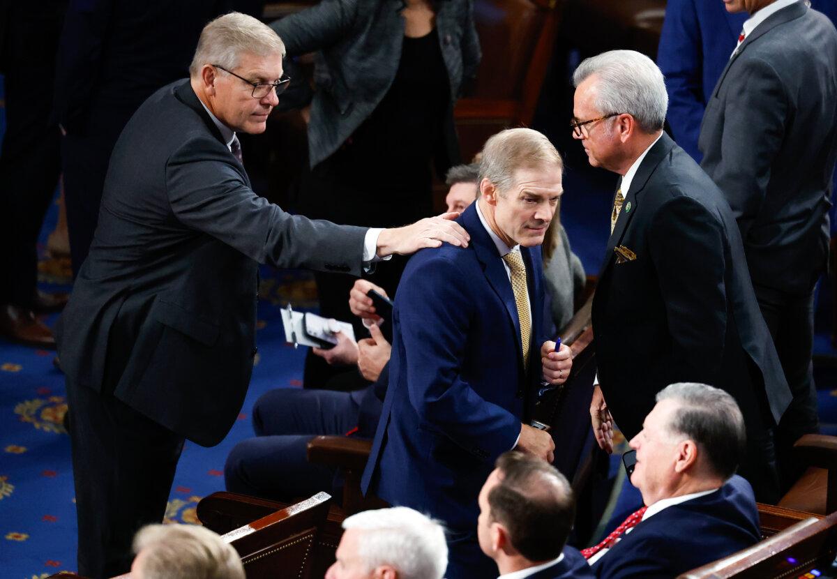 Rep. Jim Jordan (R-Ohio) interacts with fellow members as the House of Representatives prepares to vote on a new Speaker of the House at the U.S. Capitol Building in Washington on Oct. 17, 2023. (Chip Somodevilla/Getty Images)