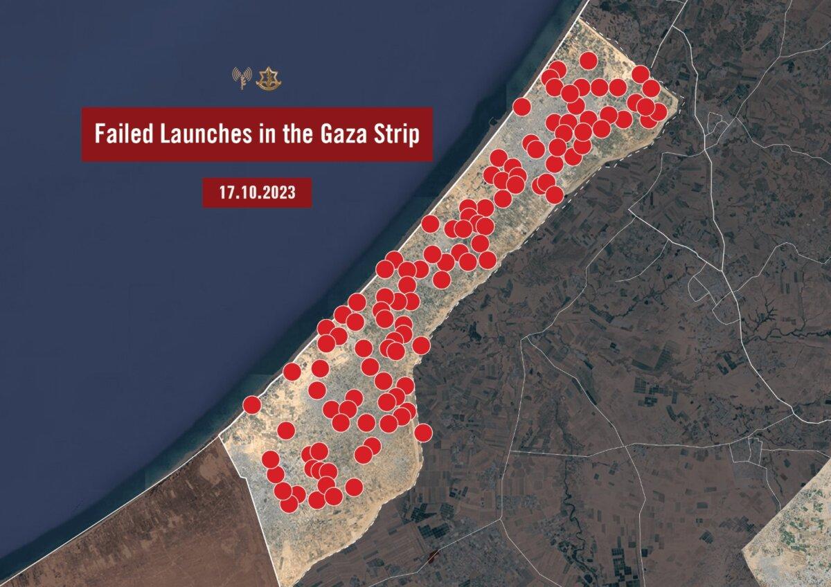 Image provided by the Israeli military showing failed rocket launches targeting Israel that instead landed in Gaza. (IDF)