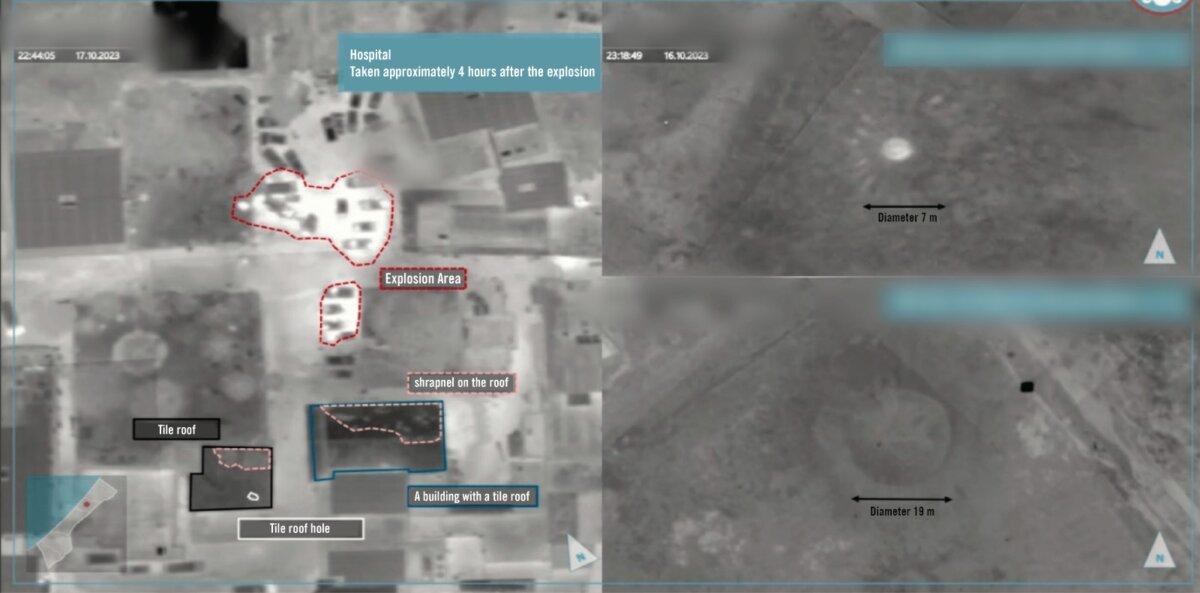 Imagery of the al-Ahli hospital blast site (L) and examples of air-to-ground munition craters (R), provided by the Israeli military. (IDF)