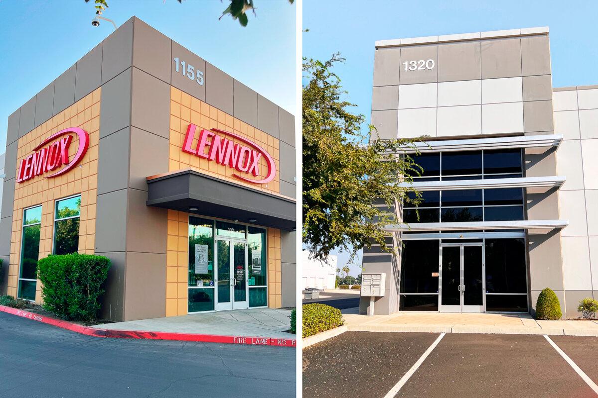 (Left) 1155 E. North Ave. Suite 101, Fresno, Calif., 83725, is an address used by Advanced Meditech LLC in business filings, but appears to have a new tenant, “Bella” on Sept. 23, 2023. (Ping Chen/The Epoch Times). (Right) 1320 E. Fortune Ave. Suite 102 Fresno, Calif., 93725, is an address used by Advanced Meditech LLC in business filings, but appears to be an empty building, on Sept. 23, 2023. (Ping Chen/The Epoch Times)