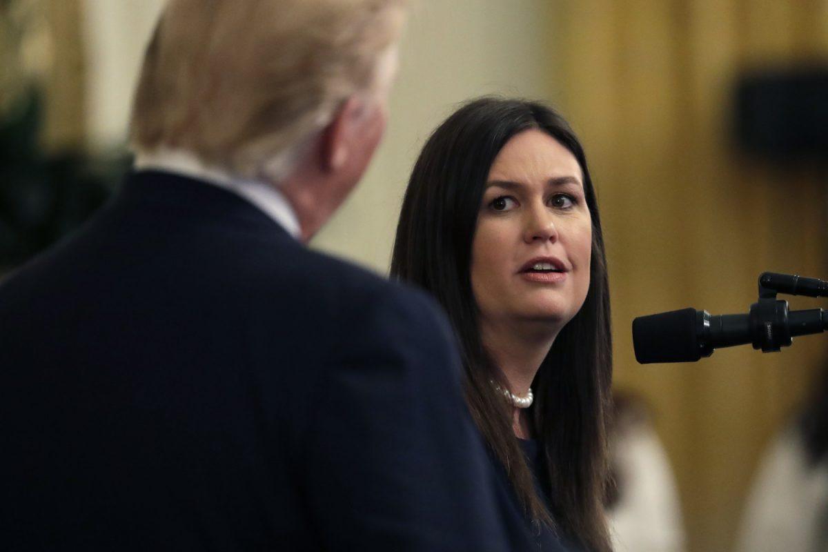 Sarah Sanders looks at President Donald Trump as she speaks during an event on second-chance hiring in the East Room of the White House in Washington on June 13, 2019. (Evan Vucci/AP Photo)