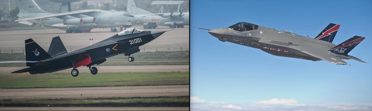 (L) A Chinese J-29 stealth fighter in Zhuhai, China's Guangdong Province. (R) The U.S. F-35 fighter jet in which the Chinese modeled their J-29 after they hacked in to the U.S. government systems. (AP Photo/Xinhua/Liu Dawei & Lockheed Martin/Matt Short)