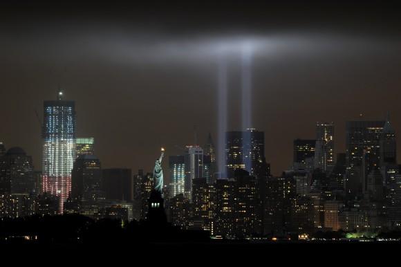 The annual Tribute in Light memorial echoing the twin towers of the World Trade Center illuminates the night sky during the 10th Anniversary of the September 11, 2001 attacks. (Stan Honda/AFP/Getty Images)