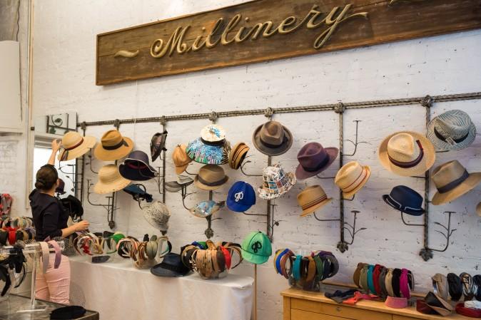 Hats on display at the Jennifer Ouellette studio in New York. (Benjamin Chasteen/The Epoch Times)