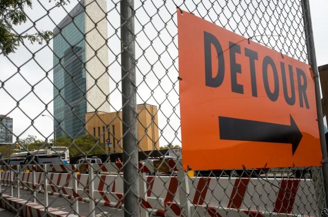 A detour sign for pedestrians and cyclists is seen on First Avenue near the United Nations in New York City on Sept. 18, 2017. (Drew Angerer/Getty Images)