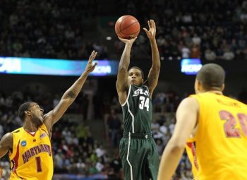 Michigan State guard Korie Lucious's 3-pointer at the buzzer gave the Spartans the win over Maryland on Sunday. (Otto Greule Jr/Getty Images) Michigan State guard Korie Lucious's 3-pointer at the buzzer gave the Spartans the win over Maryland on Sunday. (Otto Greule Jr/Getty Images)