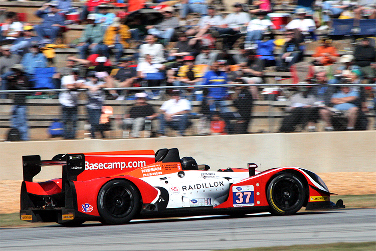 Conquest's Morgan-Nissan roars past the crowd at Road Atlanta during the 2012 Petit Le Mans, where the car finished eight seconds behind the class winner after ten hours of racing. (James Fish/The Epoch Times)