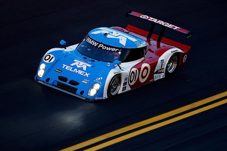 After eight hours and 245 laps of the Rolex 24, Joey Hand leads in the 01 Telmex-Ganassi Riley BMW. (Chris Graythen/Getty Images)