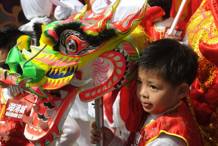 This boy is holding a dragon, an auspicious animal in the Chinese tradition, during an early Chinese New Year performance at a shopping mall in Hong Kong. (Mike Clarke/AFP/Getty Images)