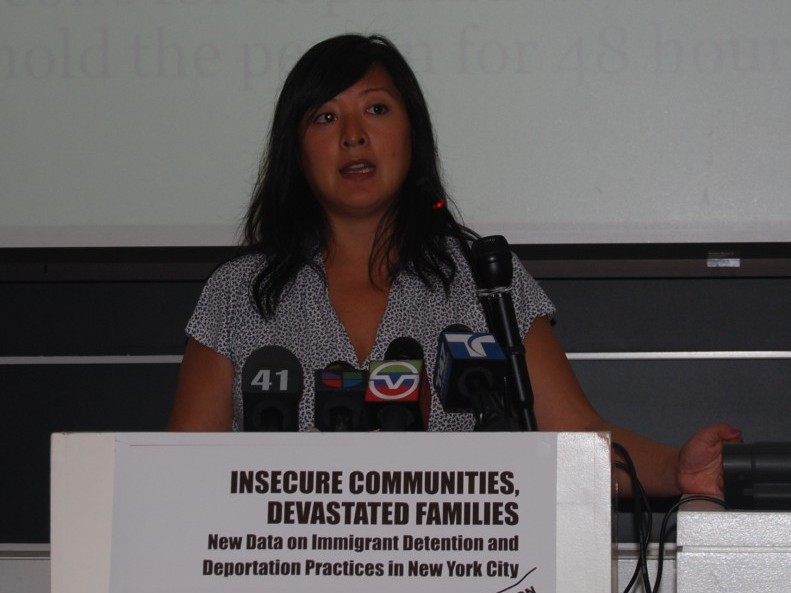 Michelle Fei, executive director of the Immigrant Defense Project, discussed report findings from new data released by the US Immigration and Customs Enforcement on Monday. (Catherine Yang/The Epoch Times)
