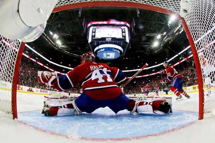 Jaroslav Halak makes a save against the Philadelphia Flyers in Game 3 of the Eastern Conference Finals.   (Dave Sandford/Getty Images)