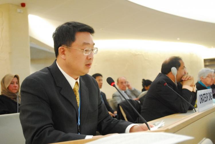 Chen Shizhong, of United Nations Association, San Diego Chapter, spoke at the 13th session of the U.N. Human Rights Council. (The Epoch Times)