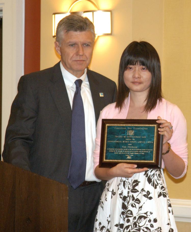 Gao Zhisheng's 17-year-old daughter Grace accepted the International Human Rights Lawyer Award on his behalf at an event held in San Francisco on Friday, Aug. 6. (Huang Yiyan/The Epoch Times)