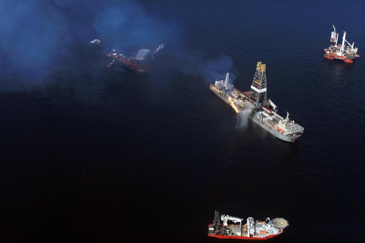 A flare burns from a drill ship recovering oil from the ruptured British Petroleum (BP) oil well over the site in the Gulf of Mexico on June 9, 2010 off the coast of Louisiana. (Spencer Platt/Getty Images)