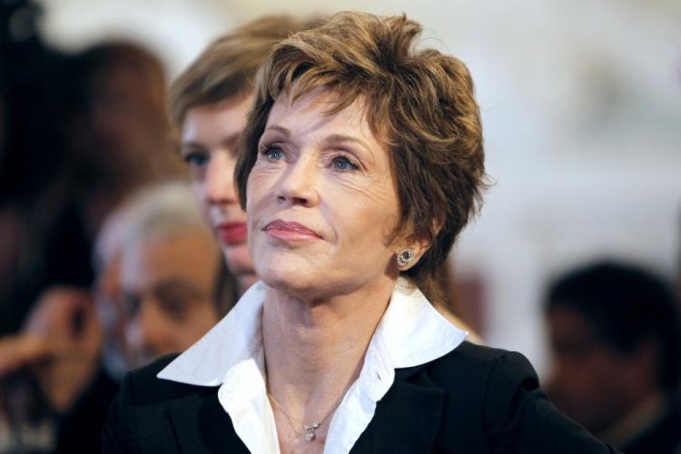 US actress Jane Fonda listens to Paris Mayor Bertrand Delanoe's speech before receiving the Vermeil Medal of the City of Paris on June 10, 2010 at the Paris City Hall. (Francois Guillot/AFP/Getty Images)