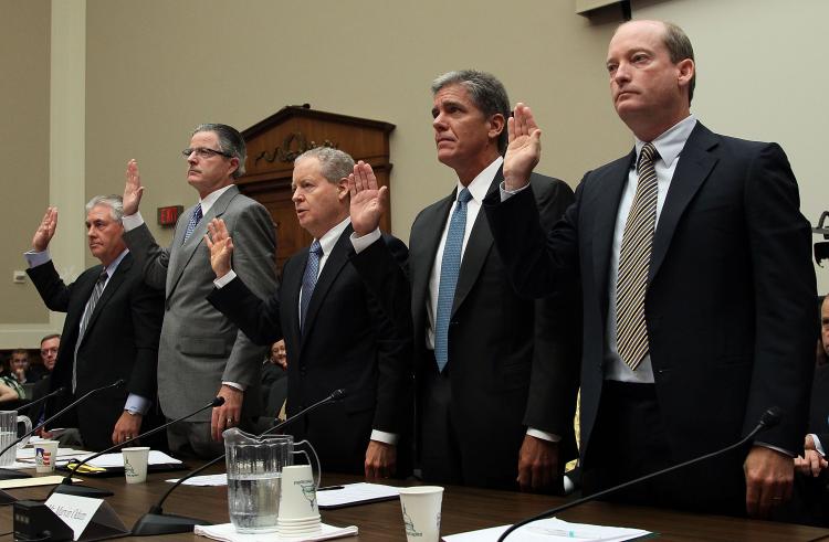 (L-R) Rex Tillerson, Chairman and CEO of ExxonMobil, John Watson, Chairman and CEO of Chevron, James Mulva, Chairman and CEO of ConocoPhillips, Marvin Odum, President of Shell Oil Company, and Lamar McKay, Chairman and President BP America, Inc. are sworn  in for a hearing in DC.  ( Mark Wilson/Getty Images)