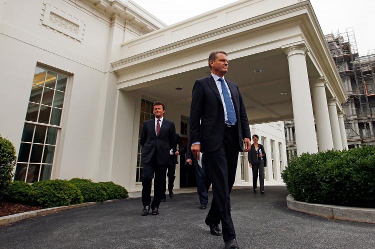 BP Chairman Carl-Henric Svanberg (R) and BP Chief Executive Tony Hayward (L) leave the White House following a meeting with U.S.  (Win McNamee/Getty Images)