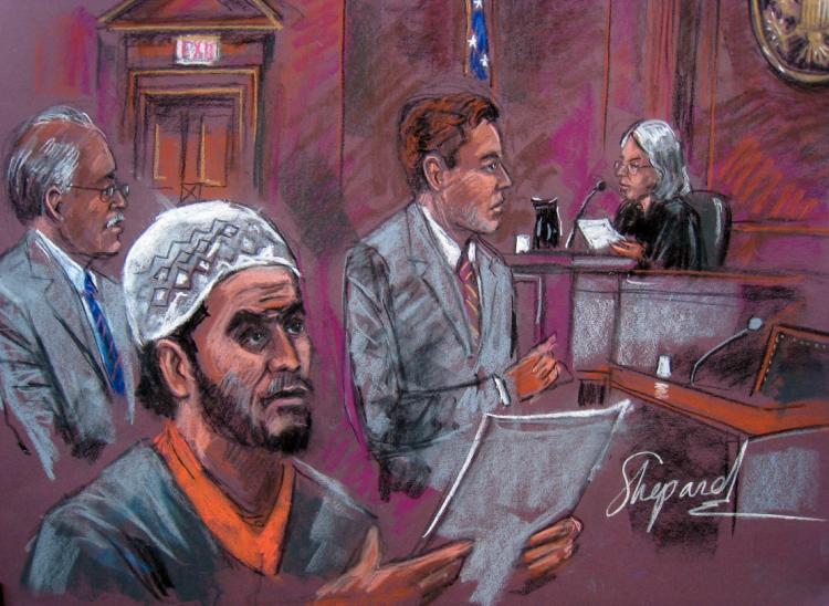 This courtroom sketch shows Pakistani-American Faisal Shahzad (2nd-L) standing before US District Judge Miriam Goldman Cedarbaum (R) on June 21, 2010 in New York. (Shirley Shepard/AFP/Getty Images)