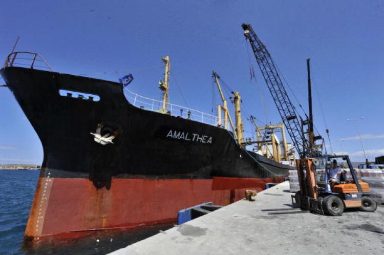 Workers load supplies on to a cargo ship 'Amalthea' at the Lavrio port, about 37miles southeast of Athens on July 9. A charity headed by the second son of Libyan leader Moamar Kadhafi is sending an aid boat from Greece to Gaza on to break the Israeli 'siege.' (Louisa Gouliamaki/Getty Images)