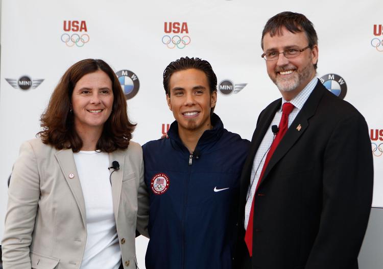 Jack Pitney, Vice President of Marketing for BMW of North America (R), during a press conference announcing the BMW Group has agreed to a six-year partnership with the U.S. Olympic Committee on July 26 in New York City. (Mike Stobe/Getty Images)