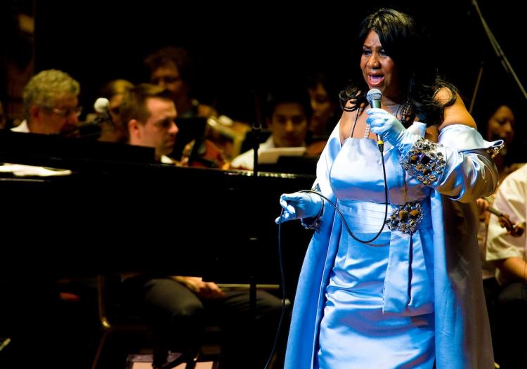 Aretha Franklin performing with the Philadelphia Orchestra at the Mann Center for Performing Arts on July 27, in Philadelphia, PA.  (Jeff Fusco/Getty Images )