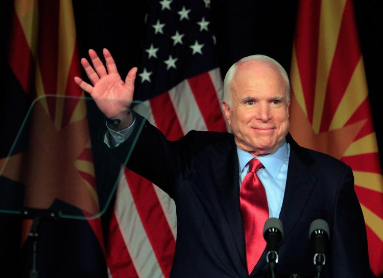 JOHN McCAIN: U.S. Sen. John McCain speaks to a group of supporters at his victory party after winning Arizona's primary election Aug. 24 in Phoenix, Ariz. (Eric Thayer/Getty Images)