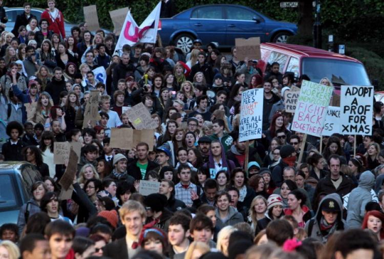 Student demonstrators march during a protest against the proposed rise in tuition fees,  Nov. 24, 2010 in Bristol, UK.  (Matt Cardy/Getty Images)