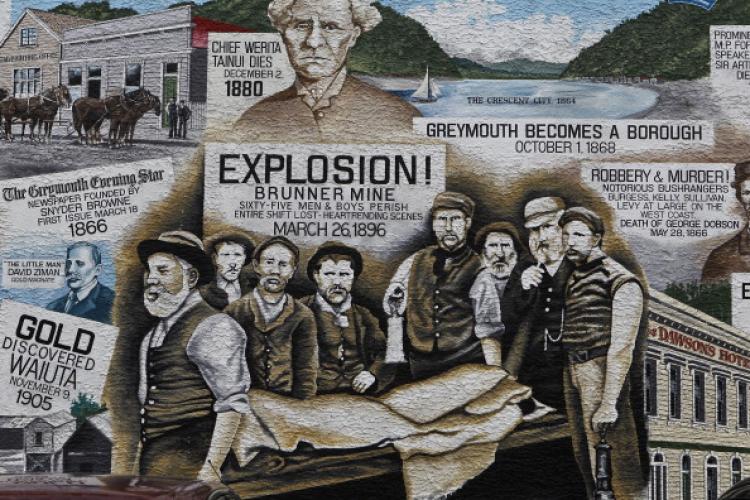 A painting showing the history of the Greymouth District on a building in the town on Nov. 25,  in Greymouth, New Zealand.  (Martin Hunter/Getty Images)