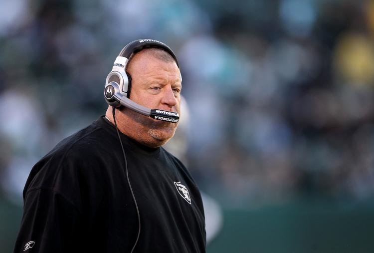 Oakland Raiders head coach Tom Cable walks the sidelines during the closing minutes of the team's loss to the Miami Dolphins, November 28, 2010 in Oakland, California. (Ezra Shaw/Getty Images )