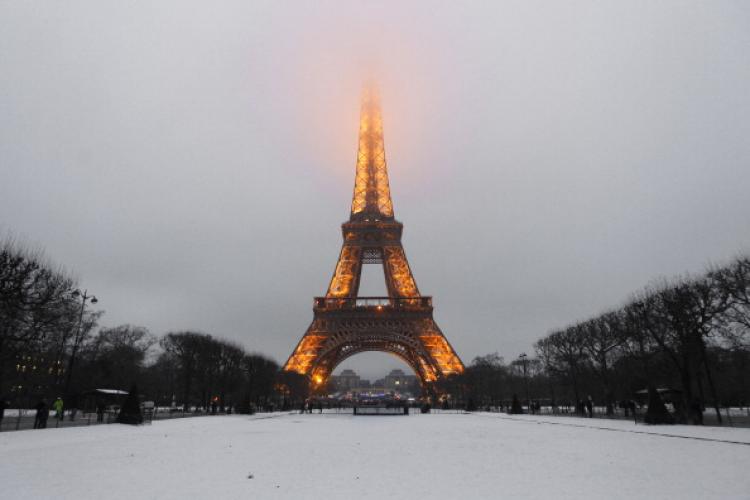 The Eiffel Tower, in France, and the Champs de Mars covered by snow. (Joel Saget/AFP/Getty Images)