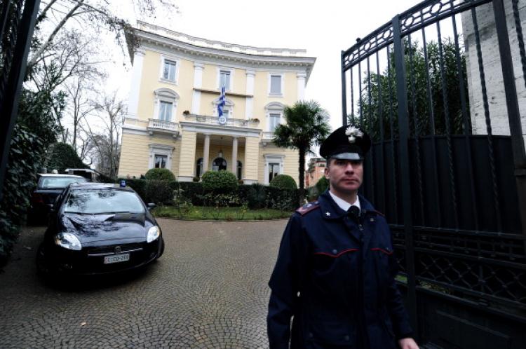 Italian Carabinieri  in front of the Greek embassy in Rome on Dec. 27, 2010 after an explosive package was found. (Vincenzo Pinto/AFP/Getty Images)