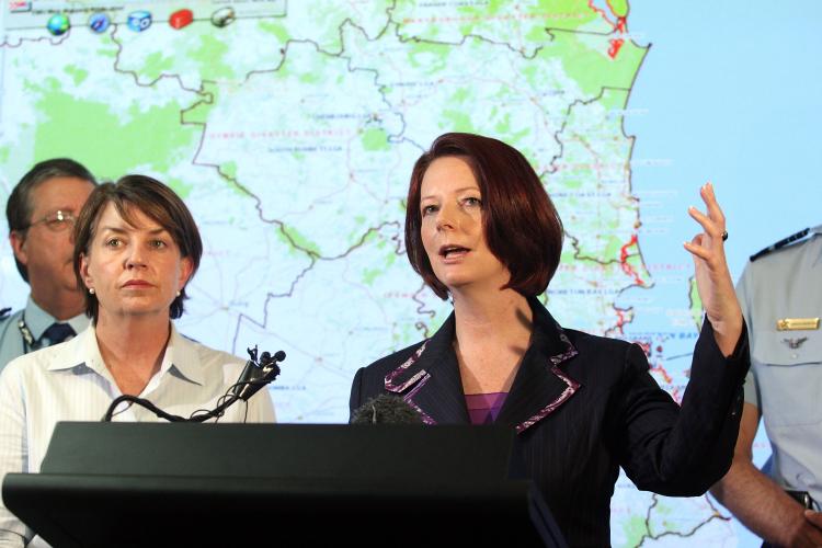 Brisbane floods: Queensland Premier Anna Bligh (L) and Prime Minister Julia Gillard (R) at a media conference on Jan. 12, 2011 in Brisbane, Australia. (Bradley Kanaris/Getty Images)