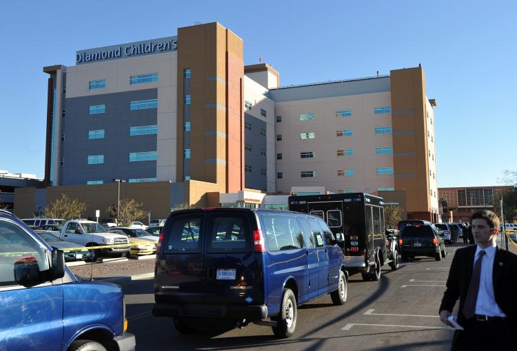 US President Barack Obama and First Lady Michelle Obama's motorcade arrived at the University Medical Center to visit congresswoman Gabrielle Giffords in Tucson, Arizona, on January 12, 2011. (Jewel Samad/AFP/Getty Images)