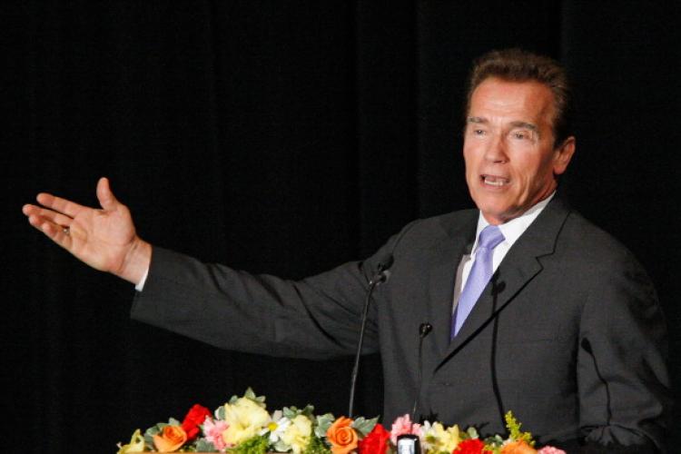 Former California governor Arnold Schwarzenegger gives a euology during the funeral service for the first television fitness guru, Jack LaLanne, on February 1, 2011 in Los Angeles, California.  (David McNew/Getty Images)