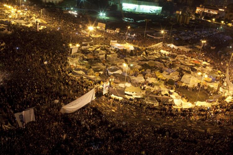 Tens of thousands of Egyptian anti-government protesters crowd Cairo's Tahrir square on Feb. 10, 2011 amid rumors that President Hosni Mubarak appeared to be on the brink of stepping down. (Marci Longari/AFP/Getty Images)