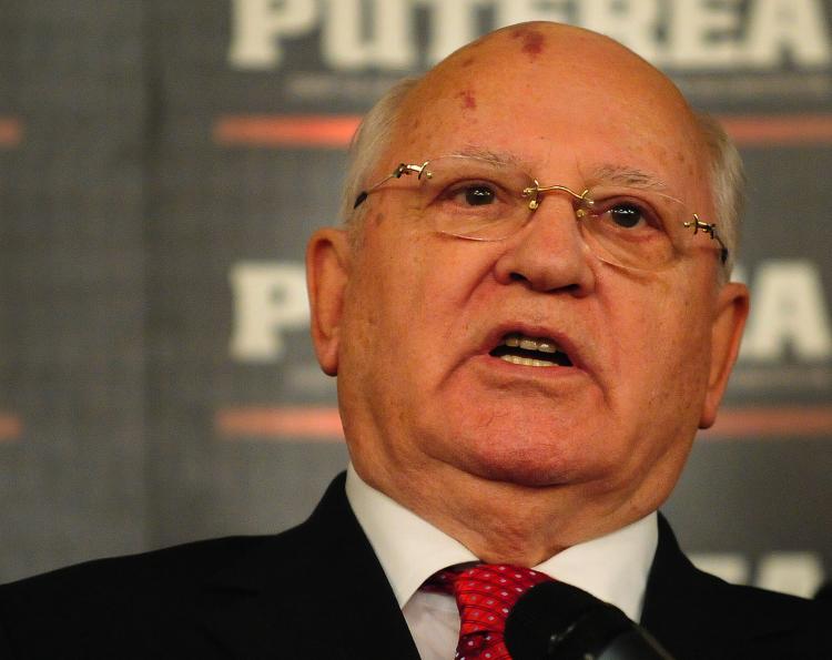 Mikhail Gorbachev delivers a speech during a press conference with Romanian media in Bucharest on April 14, 2010. (Daniel Mihailescu/AFP/Getty Images)