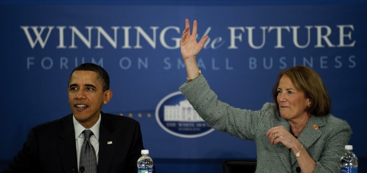 President Barack Obama (L) speaks with Small Business Administration (SBA) Administrator Karen Mills during a forum on Small Business in Cleveland, Ohio, Feb. 22, in this file photo. Obama recently mentioned that small businesses are where most new jobs b (Jim Watson/Getty Images)