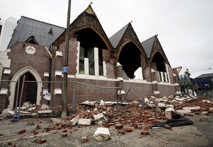 The Knox Presbytarian Church on Bealey Avenue lies in ruins on February 23, 2011 in Christchurch, New Zealand. At least 65 people have died after a 6.3 magnitude earthquake struck 20km southeast of Christchurch at around 1pm local time. ( Hagen Hopkins/Getty Images)