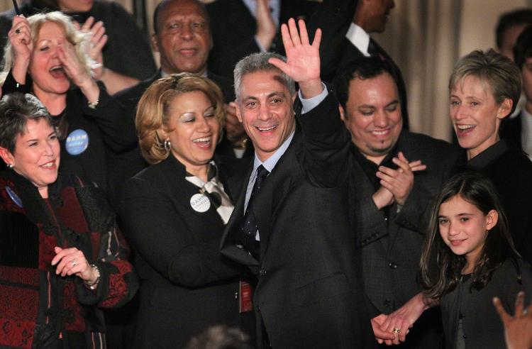 Rahm Emanuel celebrates with supporters at the Journeymen Plumbers' Union Local 130 Hall after winning the mayoral election on Feb. 22 in Chicago. Emanuel will replace current Mayor Richard Daley, who decided not to run for re-election after governing the city for 22 years. (Scott Olson/Getty Images)