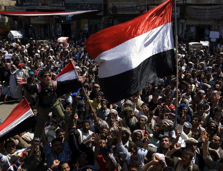 Yemenis protest against the regime of President Ali Abdullah Saleh in Sanaa on March 9, 2011, the morning after a Yemeni protester died of gunshot wounds after police opened fire overnight on anti-regime demonstrators in Sanaa.  (Ahmad Gharabli/Getty Images )