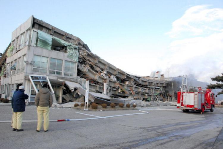 A factory building has collapsed in Sukagawa city, Fukushima prefecture, in northern Japan on March 11, 2011. (Fukushima Minpo/AFP/Getty Images)