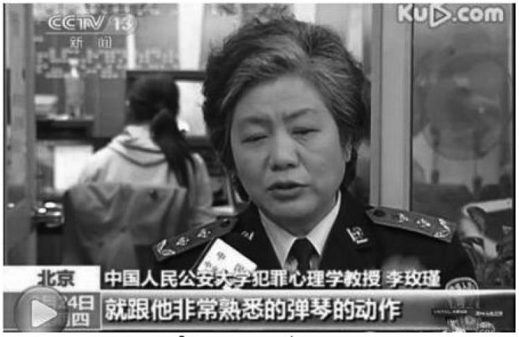 OFFICIAL ANALYSIS: Screen shot of Li Meijin, Professor of Criminal Psychology at the Chinese People's Public Security University, being interviewed by CCTV. The subtitles read: 'Just like the movements playing the piano that he was so familiar with,' referring to the stabbing of Zhang Miao. (The Epoch Times)