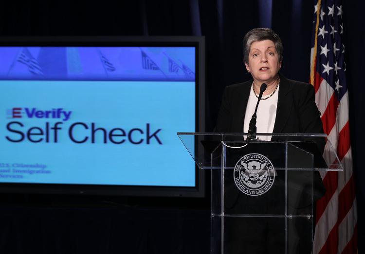 CHECK FIRST: U.S. Secretary of Homeland Security Janet Napolitano speaks during a news conference to announce the launch of E-Verify Self Check service March 21 in Washington. The service will allow individuals in the United States to check their employment eligibility status before formally seeking employment.  (Alex Wong/Getty Images)