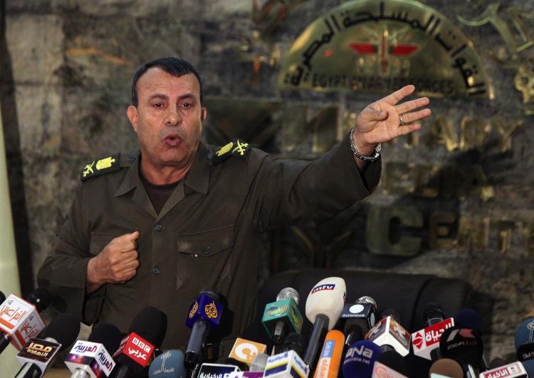 Egypt army spokesman Ismail Etman gives a press conference on March 28, in Cairo. The recent speculation that the Egyptian army would pardon ousted President Hosni Mubarak, was rebuked by army officials on Wednesday.  (Khaled Desouki/Getty Images)
