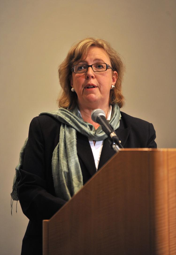 Elizabeth May, leader of the Green Party, addresses a press conference in Vancouver on March 30. (Don MacKinnon/AFP/Getty Images)