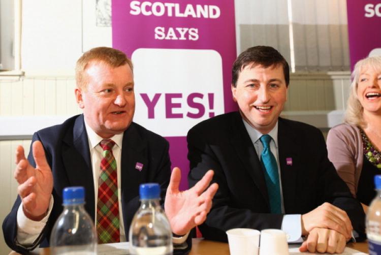 Charles Kennedy Liberal Democrat MP, and Douglas Alexander Labour MP, attend the launch of the fairer votes campaign on April 1, 2011 in Glasgow, Scotland. Activists are campaigning for an alternative to replace the first past the post voting system in the referendum on May the 5th, the same day as the Scottish Election.  (Jeff J Mitchell/Getty Images)