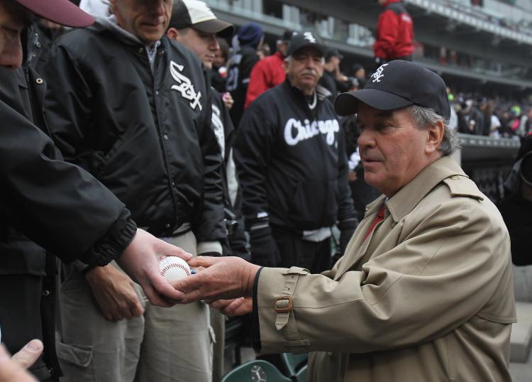 Outgoing Mayor Richard M. Daley of Chicago signs an autograph before the home opener between the Chicago White Sox and the Tampa Bay Rays at U.S. Cellular Field on April 7, in Chicago, Illinois.   (Jonathan Daniel/Getty Images)